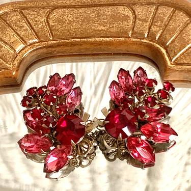 Vintage Earrings, Juliana Style Bling Rhinestones, 2- Tone Red Pink, Clip On, Rockabilly Pin Up 