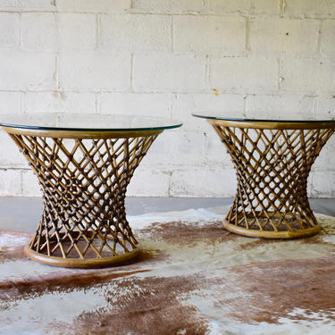 Mid Century Modern RATTAN + GLASS End TABLES / Side Tables 