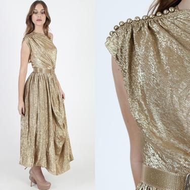 70s Donald Brooks Gold Dress 60s Metallic One Shoulder Dress Vintage Grecian Draped 1960s Designer Cocktail Party Maxi Dress 