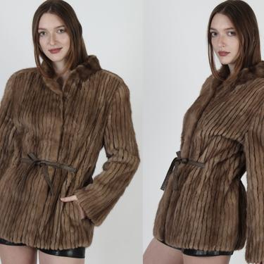 80s Corded Cocoa Brown Mink Fur Coat / 1980s Real Brown Mink Jacket / Vintage Waist Tie Structured Womens Cropped Winter Coat 
