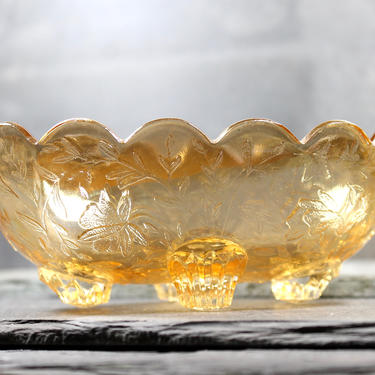 Stunning Vintage Marigold Carnival Glass Condiments Dish - Amber Carnival Glass - Four-Footed Trinket Dish - Mid-Century Carnival Glass 