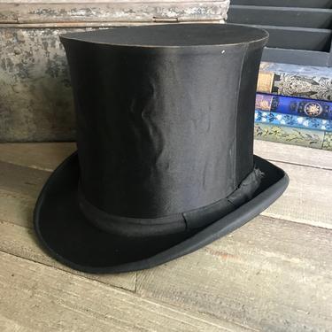 French Black Silk Top Hat, E Berard, Auch, France, Original Box, Collapsible, Top Hat Display, Victorian, Period Clothing Edwardian Fashion 