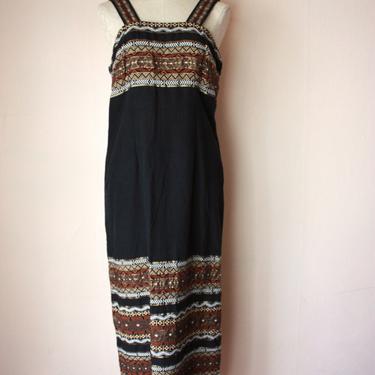 Vintage Embroidered Woven Dress Cotton Ethnic Hippie Sundress Black Gold Size M 