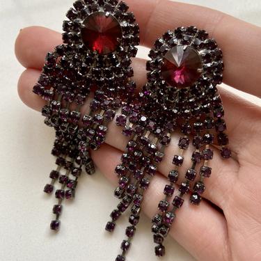 Glam Deep Pink & Purple Crystal Fringe Statement Earrings