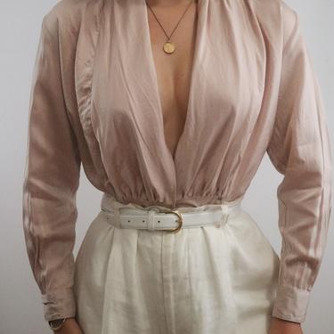 Vintage Silk Plunging Blouse - Rose Plunging Silk Charmeuse Blouse - S/M 