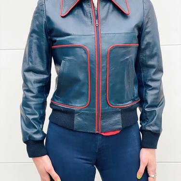 Navy Leather Jacket with Red Piping