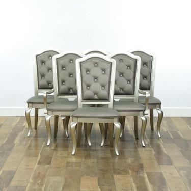 Set Of 6 Meridian Silver Finish Tufted Dining Chairs