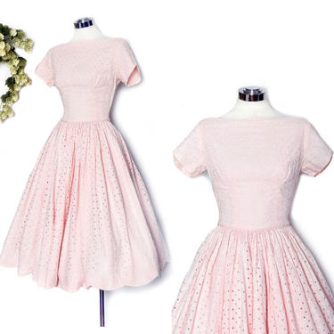 50's Pink Eyelet Vintage Dress, Full Skirt, Ballet Pink Cotton Fit &amp; Flare Dress, 1950's, Sweet, Party Dress, Small 
