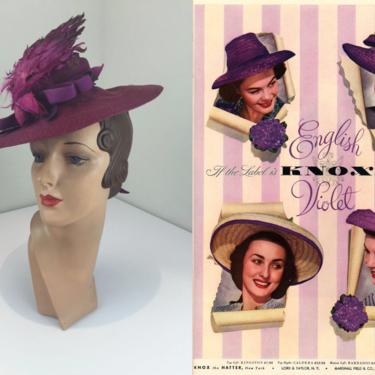 Magenta Madness - Vintage 1940s Insane Magenta Wide Brim Straw & Bird Feather Hat 