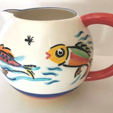 Vintage Les Tropiques Hand Painted Ball Jug Pitcher- Swimming Fish- Bright Colors- Phillipines 
