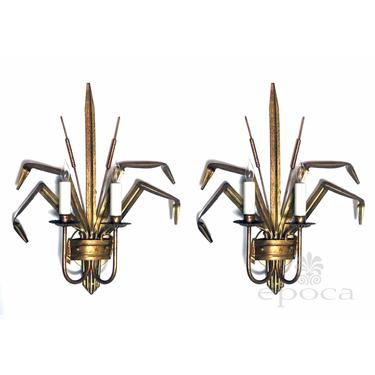 A Stylish Pair of Italian 1960's Gilt-tole 2-arm Cattail Wall Lights/Sconces