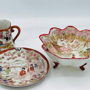 Set of 3 Antique Satsuma Kutani creamer, Plate, bowl Late 1890's - Early 1920s, Japanese Geisha Designed, eggshell porcelain, Made in Japan 