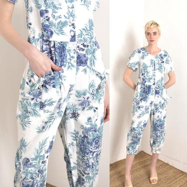 Vintage 1980s Jumpsuit / 80s Slouchy Floral Cotton One Piece / Blue White ( medium M ) 