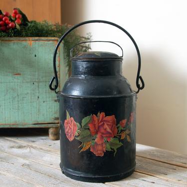 Vintage painted milk can with roses / black galvanized milk pail / small milk canister / rustic farmhouse decor / milk jug with lid 