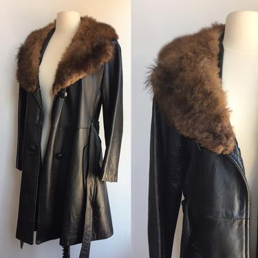 Vintage 70’s PENNY LANE Leather Trench Jacket Coat /  FUR Collar + Attached Belt + Back Sash 