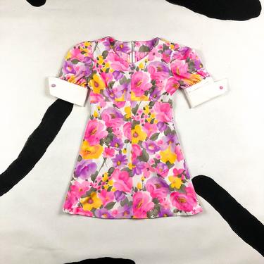 1960s / 1970s Pastel Floral Micro Mini Shirt Dress / Neon / Psychedelic / Groupie / XS / Small / Babydoll / Hippie / Mod / Metal Zipper / S 