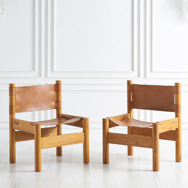 Pair of French Elm Wood + Saddle Leather Lounge Chairs