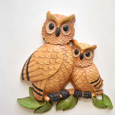 Family of Three Owls Woodland | Homco Mid-Century Wall Decor | 60s 70s Birds Mom Dad Baby | Forest Nature Nursery Art Housewarming Ba