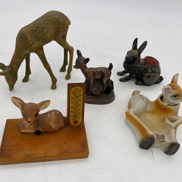 Mid Century Ceramic Copper Wood Deer Figural Collection, Lot of 5 