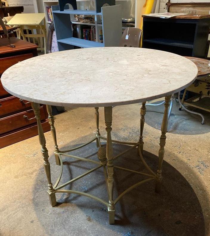 Brass table with stone top, 38” diameter x 30.5” high 
