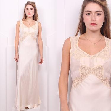 REPAIR Vintage 1930's Ivory Silk &amp; Lace Nightgown • 30's Bias Cut Slit Back Silk Gown • Size M 