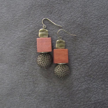 Orange wood, brass animal print earrings, Afrocentric dangle earrings, mid century modern earrings, African earrings, bold statement, unique 