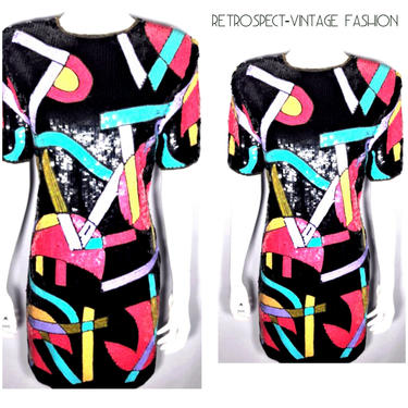 VINTAGE Pop Art sequin dress, art deco.beaded party dress, abstract vintage dress, vintage neon dress, size s m 