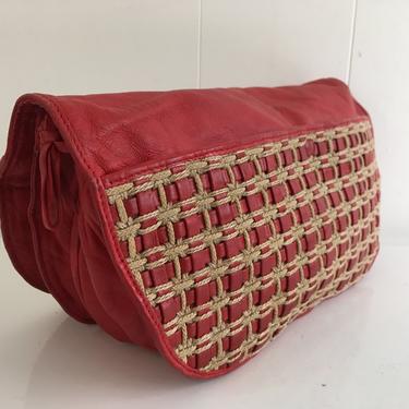 Vintage Soft Red Leather Clutch Purse Bag Handbag Retro Woven 1960s Made in Italy Bags by Mimi Long Beach NY Domina Italian 