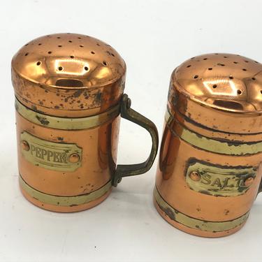 Vintage  Pair of Copper Salt and Pepper Shakers with Brass Handles and Detail 