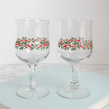 Vintage Holiday Goblet Glasses - Christmas Holly Glasses - Vintage Glassware by PursuingVintage1