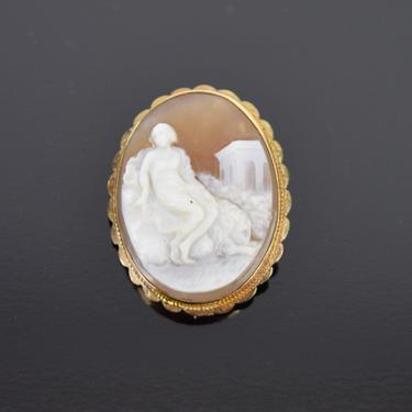 Antique 14K Gold Carved Cameo Pendant Brooch Woman Diaphanous Gown Ancient Ruins 
