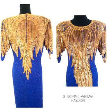 Heavily BEADED sequin cocktail gown w/ keyhole back Heart  Deco abstract blue gold embellished full length dress 40&#39;s flapper dress large 