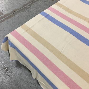 Vintage Pearce Wool Blanket 1960s Retro Twin Size 78x64 Authentic Wool + Creme + Blue + Pink Striped + Woolrich + Throw + Bedding + Bedroom 