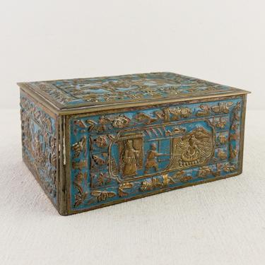 Vintage Brass and Turquoise Enameled Chinese Cigarette Box, Pictorial Asian Scene, Trinket or Jewelry Box w Hinged Lid, Vintage Tobacciana 