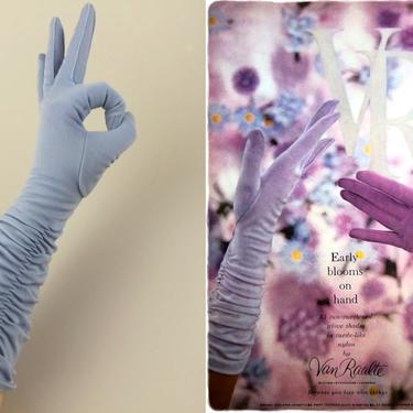 Hurrah For Spring! - Vintage 1950s Light Periwinkle Nylon Shirred Mid Arm Length Gloves - 7 to 7 1/2 