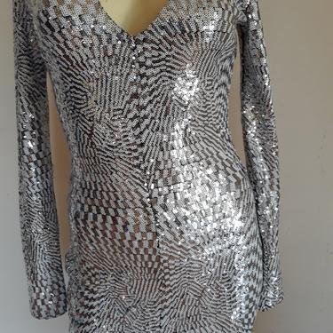 90's Vintage Sequin BODYCON DRESS, silver disco dress, silver sequin cocktail dress, size small s 4 / 6 