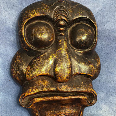 Vintage Wooden Monster Tiki Tribal Mask, Hand Carved Face Wall Plaque 10&amp;quot; BEF 88' 