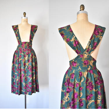 Raynette rayon pinafore dress, 80s floral jumper, vintage dresses, skirt romper, cottaecore 