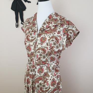 Vintage 1940's Paisley Dress / 50s Zip Front Cotton Day Dress S 