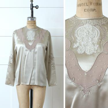 vintage 1990s blouse • champagne gold silk • beaded embroidered lace top 
