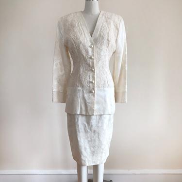 Ivory Floral Jacquard and Lace Suit Set - Skirt and Top - 1980s 
