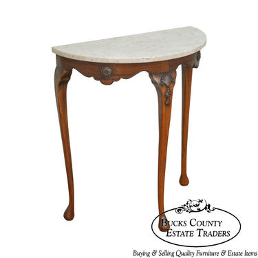 Queen Anne Style Vintage Mahogany Demilune Marble Top Console Table 