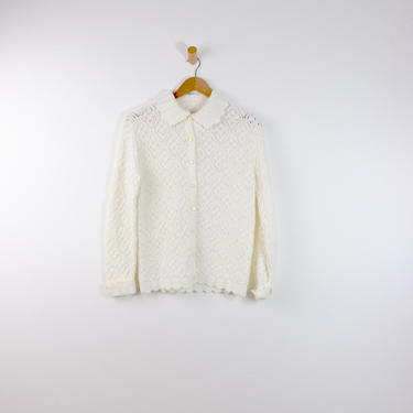 Vintage White 70's Collared Crochet Cardigan Sweater, Open Knit White Cardigan, 36&amp;quot; Bust 