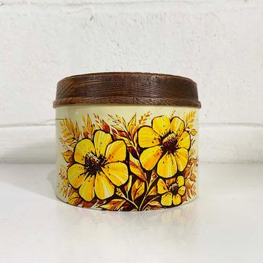 Vintage Yellow Floral Canister Tin Faux Wood Lid Kitchen Flower Power 1970s 70s Flowers Plastic USA Cheinco J. Chein Storage Jar Container 