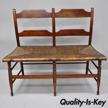 Antique Primitive Rustic Woven 2 Seat Rush Colonial Windsor Wood Bench Chair