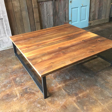 Large Square Reclaimed Wood Coffee Table / Industrial H-Shaped Metal Legs 