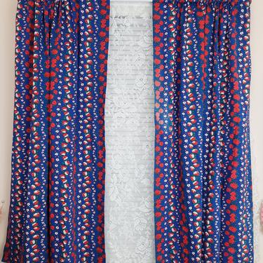 Vintage 1960's Floral Curtains / 70s Red White and Blue Stripe Drapes / 2 Panels 