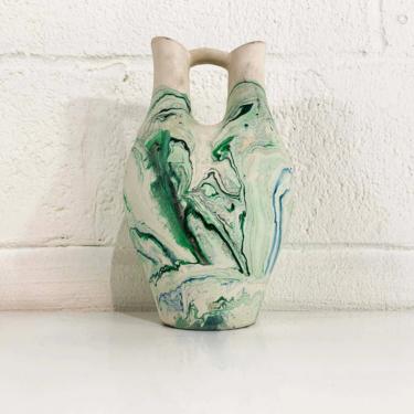 Vintage Nemadji Art Pottery Large Vase Swirl Handmade USA Flower Green Blue Swirl Vanity Seven Falls Colorado MCM Double Spout Wedding Vase 