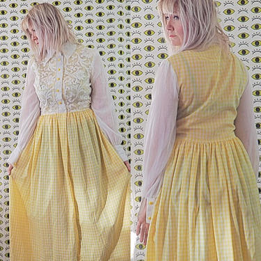 70's Gingham and Lace Dress/Vintage Prairie Dress/Hippie/Boho Long Sleeve Floor Length Skirt 