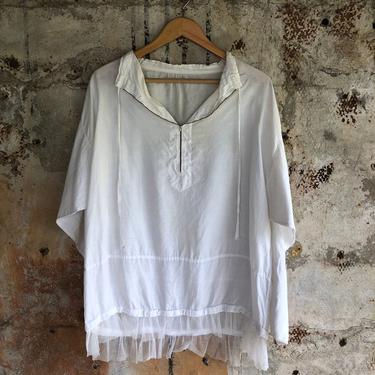 1920s Victorian White Raw Cotton Linen Beekeeping Blouse Tunic Top 